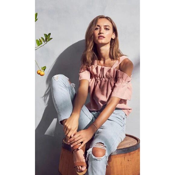 SAYLOR Tops - Anthropologie Saylor Flowy Crop Top 100% Linen Peasant Blouse In Clay